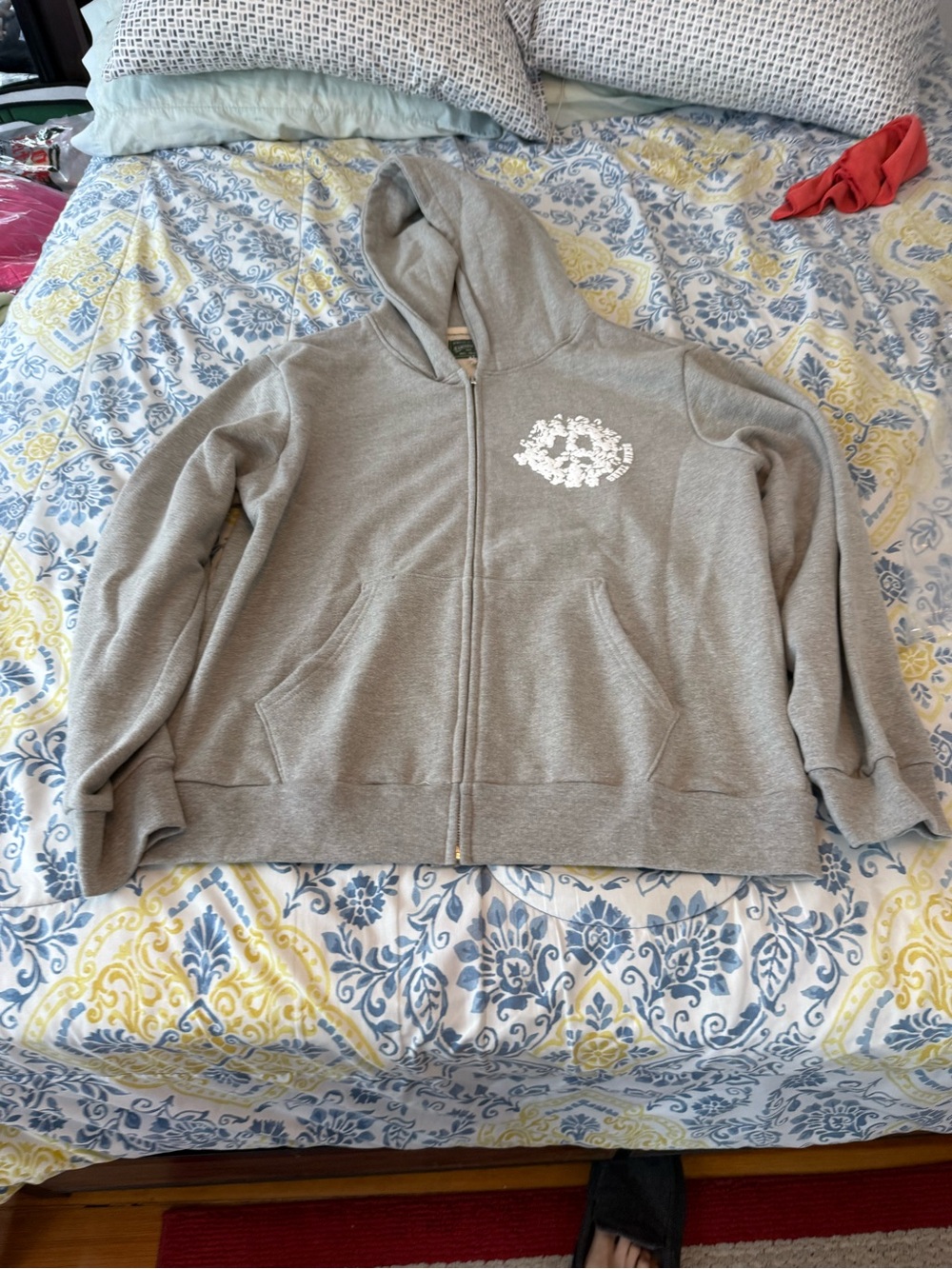 Denim Tears University Gray Zip-Up Hooded Sweatshirt with White Chest Emblem